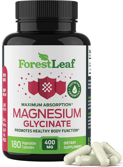 Pure Magnesium Glycinate 400mg Serving - High Absorption Magnesium Glycinate - Mag Bisglycinate for Stress, Bones, Muscles, Nerves, Relaxation & Heart Health, Non GMO & Gluten Free - 180 Capsules