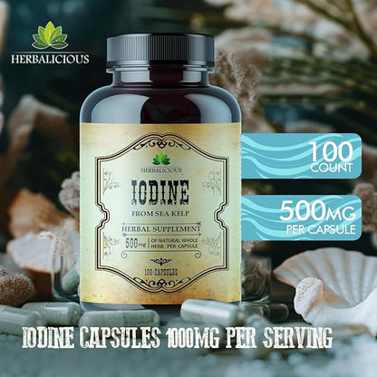 Natural Iodine Extract 100 Capsules - Sea Kelp - for Thyroid Function Support, Digestion, Helps Support Bone and Brain Health, Helps Support Energy Levels, Non GMO, Soy Free, Gluten Free