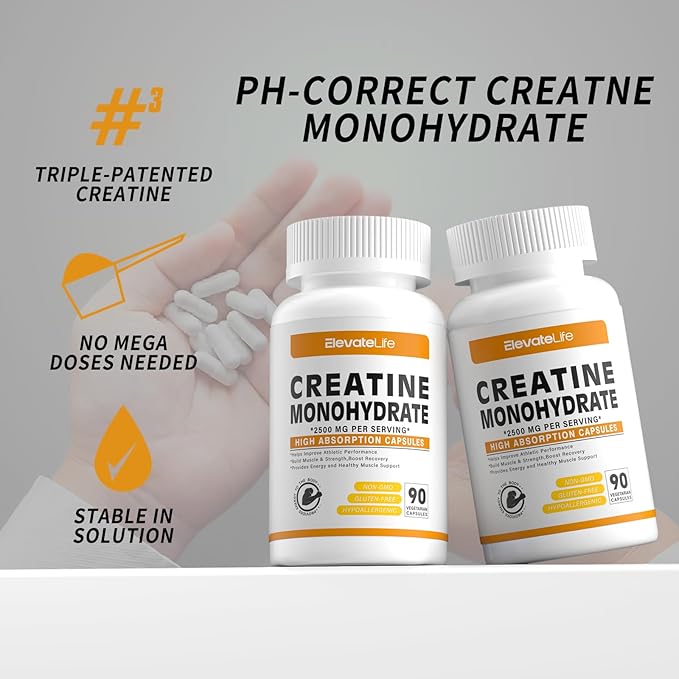 Creatine Monohydrate 2500mg, 180 Capsules - Gluten Free, Non-GMO