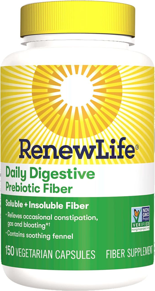 Renew Life Adult Daily Digestive Prebiotic Fiber, 150 Vegetarian Capsules (Package May Vary)