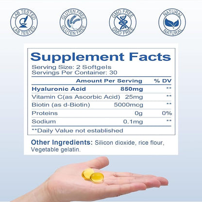 Hyaluronic Acid Supplements 850mg with Biotin 5000mcg & Vitamin C 25mg High Absorption, Skin Hydration, Hair and Nails Health, Non-GMO, Gluten Free, 60 softgels