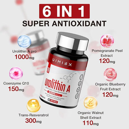 Urolithin A Pro Supplement 1000mg, 60 Softgels Super Antioxidants with Resveratrol & CoQ10 for Energy Production and Healthy Aging- Mitoceutical for Muscle Strength and Skin Care