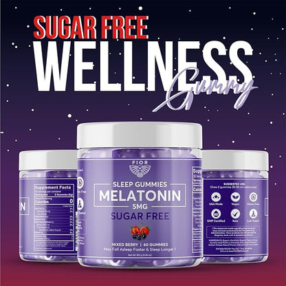 FIOR Sugar Free Blue Raspberry 60-Count Melatonin Gummies 5mg Sleep Aids for Adults & Kids. Gummy Vitamins for Sleep. Adults & Kids Melatonin & L-Theanine Gummies Natural Herbal Sleep Aid.