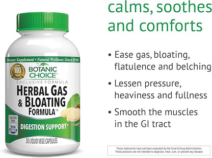 Botanic Choice Herbal Gas & Bloating Formula – Natural Digestive Support with Ginger, Peppermint & Caraway – 30 Vege Capsules