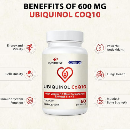 Ubiquinol CoQ10-600mg-Softgel, Active Coq10 Ubiquinol Supplement with Vitamin E & Omega 3, 6, 9, High Absorption-Coenzyme-Q10, Powerful Antioxidant for Energy Production, Tested, 60 Count