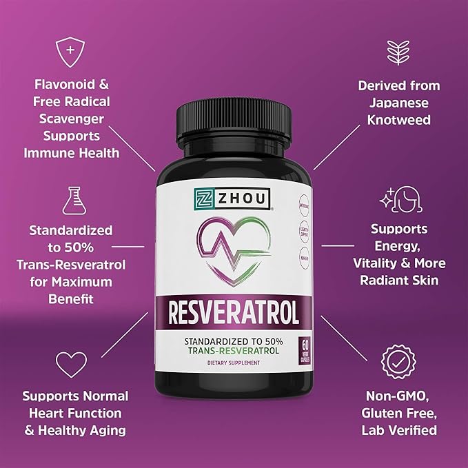 Zhou Resveratrol Supplement | Healthy Aging, Immune System & Heart Health Support | Powerful Antioxidant Benefits | 30 Servings, 60 Veg Caps