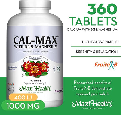 Maxi Health Calcium Magnesium Supplement with Vitamin D3 and Boron - Kosher Bone Health & Nighttime Formula, Calcium Citrate CalMag & Vitamin D (360 Tablets)