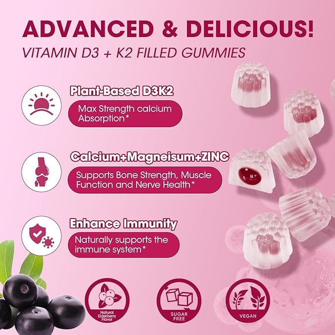 Vitamin D3 10000 IU + K2 (MK7) 200mcg w/Calcium Magnesium Zinc Elderberry & Inulin-Highly Bioavailable-Enhanced Absorption for Immune & Bone Support- K2 D3 Vitamin Supplement-Vegan Gummies
