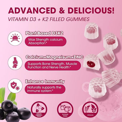 Vitamin D3 10000 IU + K2 (MK7) 200mcg w/Calcium Magnesium Zinc Elderberry & Inulin-Highly Bioavailable-Enhanced Absorption for Immune & Bone Support- K2 D3 Vitamin Supplement-Vegan Gummies