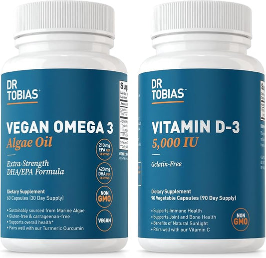 Dr. Tobias Vegan Omega 3 Algae Oil and Vitamin D3 5000 IU, Essential Nutrients to Support Brain, Heart, Bones, Immune System & Optimal Wellness