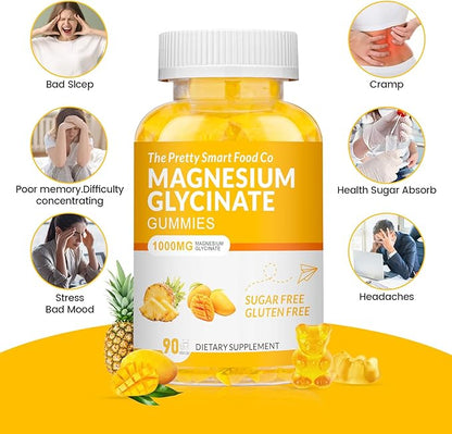 Magnesium Glycinate Gummies 1000mg - 90 Ct | Magnesium Potassium Supplements for Relaxation, Stress Relief, with Vitamin D, B6, CoQ10 for Calm Mood & Sleep Support - Mango Pineapple Gummies