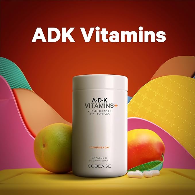 Codeage ADK Vitamins Supplement - Essential Vitamin A, D3 5000 IU, K1 & K2 (MK4 & MK7) - 6-Month Supply - 1 Capsule per Serving, Non-GMO, Gluten-Free - 180 Capsules