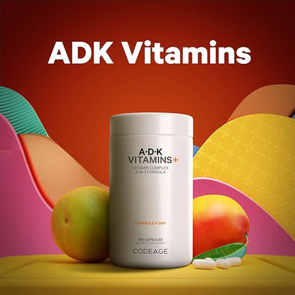 Codeage ADK Vitamins Supplement - Essential Vitamin A, D3 5000 IU, K1 & K2 (MK4 & MK7) - 6-Month Supply - 1 Capsule per Serving, Non-GMO, Gluten-Free - 180 Capsules