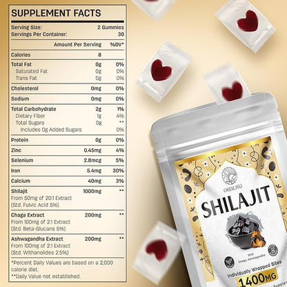 1400 MG Shilajit Gummies, Shilajit Pure Himalayan Organic Gummies with Ashwagandha, Himalayan shilajit for Men, 85+ Trace Minerals & Fulvic Acid, Individually Wrapped, Sugar-Free, 60 Counts