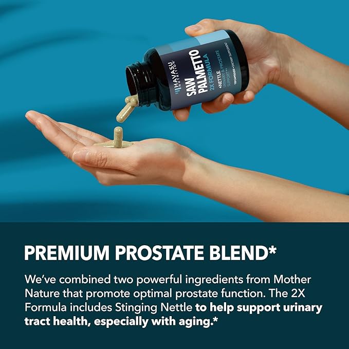 Saw Palmetto with Stinging Nettle Capsules - 2X Prostate Support Supplement for Men’s Health - 120 Count - DHT Blocker for Urinary Tract Function and Hair - Vegan, Non-GMO - 2 Month Supply
