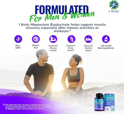 1 Body Magnesium Bisglycinate Supplement, 44 mg Pure Chelated Formula, 120 Capsules, Maximum Absorption, Muscle Cramp Relief