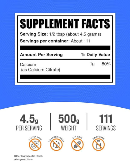 BulkSupplements.com Calcium Citrate Powder - Calcium Supplement, High Bioavailable - Unflavored & Gluten Free, 4.5g per Serving, 500g (1.1 lbs) (Pack of 1)