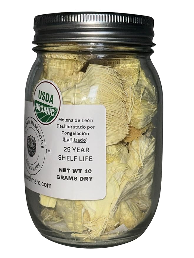 Freeze-Dried Lion's Mane Mushroom Fruiting Bodies | Can be rehydrated and cooked or used as supplement | Make into tincture, tea or powder | Grown in U.S.A | USDA Organic | in Vacuume Sealed Jar | 25 Year Shelf-Life