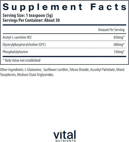 Vital Nutrients Vital Brain Powder | Phosphatidylserine, Acetyl-L-Carnitine Brain Supplement | Nootropic | Healthy Cognitive Function, Memory, Learning* | Gluten, Dairy, Soy Free | Unflavored | 150g