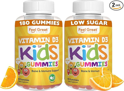 Feel Great Kids Vitamin D3 1000 IU Gummies (2-Pack) | Kids Vitamin D Gummies for Healthy Bones, Mood, & Immune Support | Citrus Flavored Vegetarian D3 Gummies
