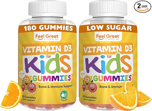 Feel Great Kids Vitamin D3 1000 IU Gummies (2-Pack) | Kids Vitamin D Gummies for Healthy Bones, Mood, & Immune Support | Citrus Flavored Vegetarian D3 Gummies