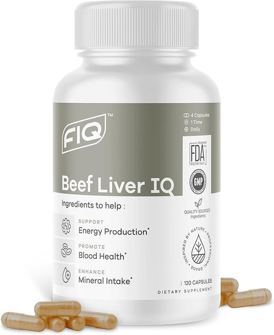 FIQ - Beef Liver IQ - Beef Liver Capsules - Supports Energy Production - Natural Iron, Copper, Vitamin A, & Vitamin B - High Absorption - 120 Capsules