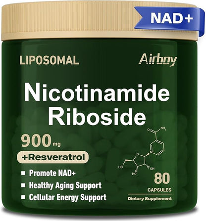 Airboy Liposomal Nicotinamide Riboside 900 mg, NAD Supplement with Resveratrol,NMN Alternative NAD Booster Support Anti-Aging, Energy, Focus - 80 Capsules