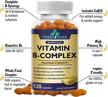Vitamin B-Complex + CoQ10 + Vitamin C - Max Strength Supplement for Energy, Metabolism Support, 120 Softgels, 60 Day Supply