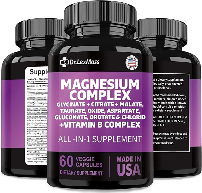 Magnesium Complex 2285mg with Magnesium Glycinate Citrate Malate Oxide Taurate Aspartate Gluconate Orotate & Mag Chloride, Zinc Copper Manganese & Vitamin C B1 B2 B6 B12 Complex - 60 Count USA