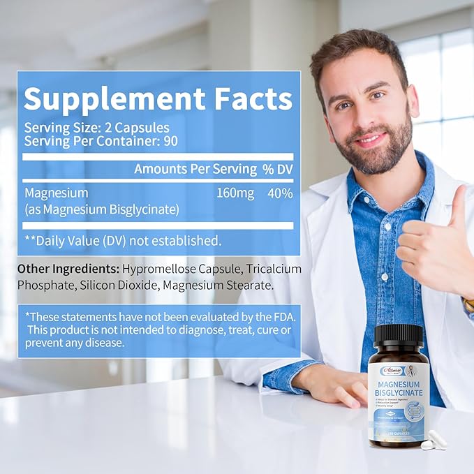 Magnesium Bisglycinate 100% Chelate, Maximum Absorbable Magnesium Glycinate Supplement for Restful Sleep, Energy Muscle Bone & Joint Support Non-GMO, Gluten-Free - 180 Capsules