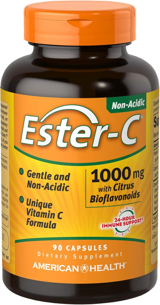 Ester-C American Health with Citrus Bioflavonoids Capsules - 24-Hour Immune Support, Gentle On Stomach, Non-Acidic Vitamin C - Non-GMO, Gluten-Free - 1000 mg, 90 Count