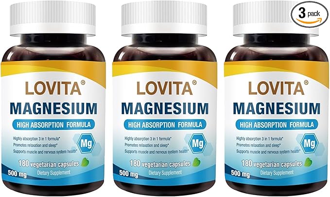 Lovita Triple Magnesium Complex 500mg, High Absorption and Potency Formula, Glycinate, Citrate & Oxide, Support Sleep, Relaxation, Heart, Nerves & Bone Health, 180 Vegan Capsules (Pack of 3)