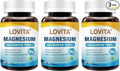Lovita Triple Magnesium Complex 500mg, High Absorption and Potency Formula, Glycinate, Citrate & Oxide, Support Sleep, Relaxation, Heart, Nerves & Bone Health, 180 Vegan Capsules (Pack of 3)
