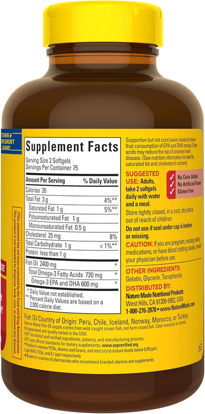 Nature Made Fish Oil Omega 3 Supplements, 1200 mg Softgels, Omega 3 Fish Oil for Healthy Heart Support, 150 Softgels, 75 Day Supply