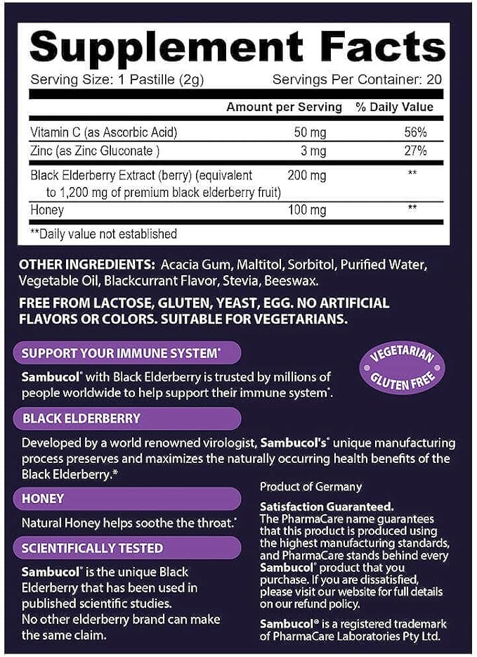 Sambucol Black Elderberry Throat Lozenge - Sambucus Elderberry Lozenges With Vitamin C, Zinc & Honey, Helps Soothe a Scratchy Throat, High Antioxidants, Gluten-Free - 20 Count