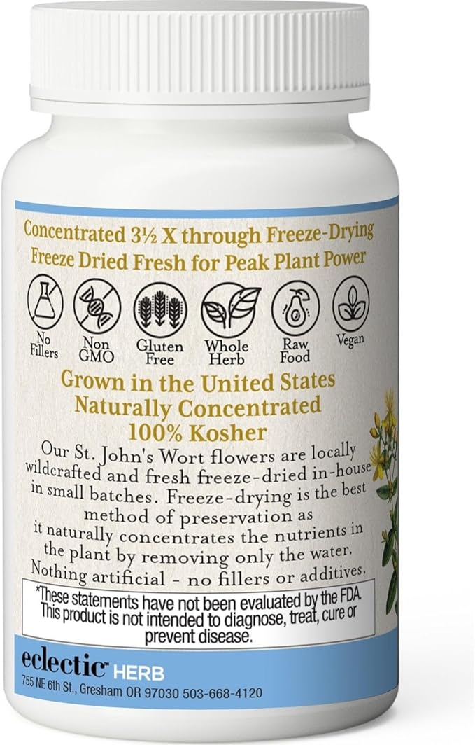 Eclectic Institute Raw Fresh Freeze-Dried Non-GMO St. John's Wort | Herbal Health Supplement, Promotes a Positive Mood | 90 CT