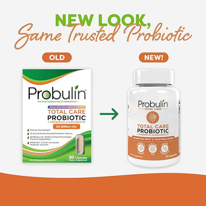 Probulin Total Care Probiotic Supplement, Daily Gut, Digestive, and Immune Health Probiotics Capsules for Men and Women, 20 Billion CFU, Vegan, 30 Count Bottle