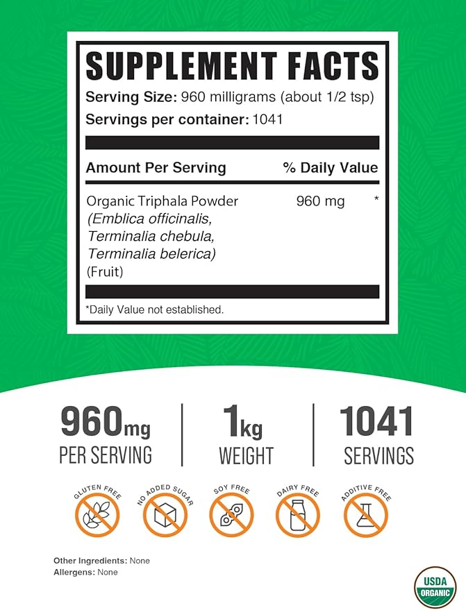 BulkSupplements.com Organic Triphala Powder - Triphala Supplements with Amla, Haritaki, and Bibhitaki - Gluten Free, 960mg per Serving, 1kg (2.2 lbs) (Pack of 1)