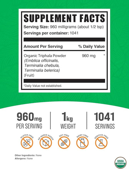 BulkSupplements.com Organic Triphala Powder - Triphala Supplements with Amla, Haritaki, and Bibhitaki - Gluten Free, 960mg per Serving, 1kg (2.2 lbs) (Pack of 1)