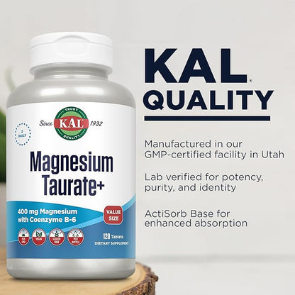 KAL Magnesium Taurate 400mg Plus Vitamin B6, Chelated Magnesium Supplement, High Absorption Magnesium Complex, Muscle and Heart Health Support, Vegan, Gluten Free, 60-Day Guarantee, 60 Serv, 120 Tabs