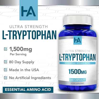 High Strength L Tryptophan Capsules | L Tryptophan Supplement for Sleep and Relaxation with 1500mg per Serving | Vegan Non-GMO Soy and Gluten Free | Made in US cGMP Labs (80 Servings)
