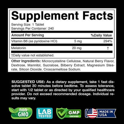 Melatonin 20 mg - 240 Fast Dissolve Tablets - Drug Free - Natural Berry Flavor - Vegetarian, Non-GMO, Gluten Free 240 Count (Pack of 1) (240 Count (Pack of 1))