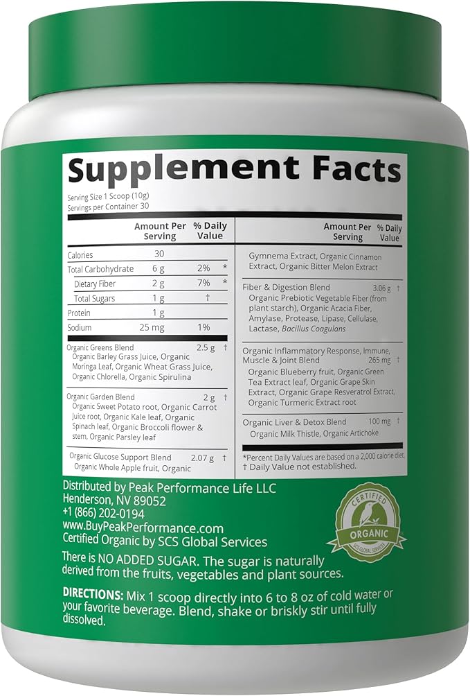 Peak Performance Unsweetened Organic Greens Superfood Powder. Super Greens Powder with 25+ Organic Ingredients for Max Energy and Athletic Performance. Vegan Keto Green Juice Daily Drink