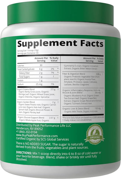 Peak Performance Unsweetened Organic Greens Superfood Powder. Super Greens Powder with 25+ Organic Ingredients for Max Energy and Athletic Performance. Vegan Keto Green Juice Daily Drink