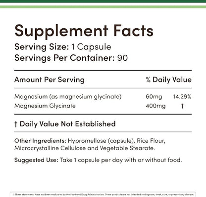 Magnesium Glycinate 400mg, 90 Capsules (Vegan Safe, Third Party Tested, Gluten Free, Non-GMO) High Absorption Magnesium by Double Wood Supplements