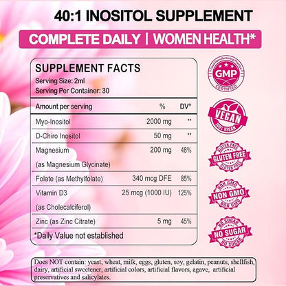 Myo-Inositol & D-Chiro Inositol Supplement for Women, Ideal 40:1 Ratio Inositol Multivitamin w. Folate Magnesium Vitamin D3, Inositol Complex for Mood Energy Fertility Hormone Balance Ovarian Support*