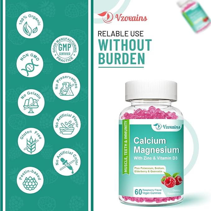 High Absorption Calcium Gummies, Calcium Magnesium Zinc with Magnesium Glycinate, Potassium, Vitamin D3 for Women & Men - Raspberry Flavored 120 Cts