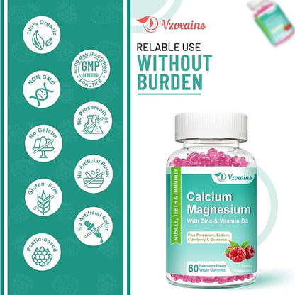 High Absorption Calcium Gummies, Calcium Magnesium Zinc with Magnesium Glycinate, Potassium, Vitamin D3 for Women & Men - Raspberry Flavored 120 Cts