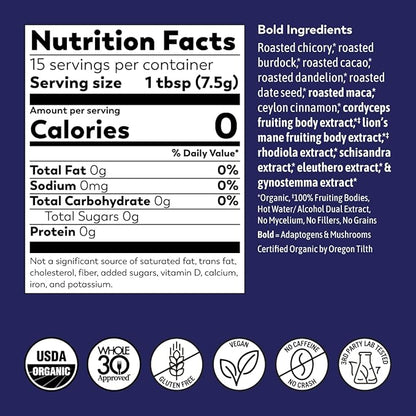 Rasa Bold – Adaptogenic Mushroom Coffee Alternative | Vegan, Keto, Whole 30, Ayurveda Wellness Tonic with Lion's Mane, Rhodiola, +Cordyceps (8 oz / 30 Servings)