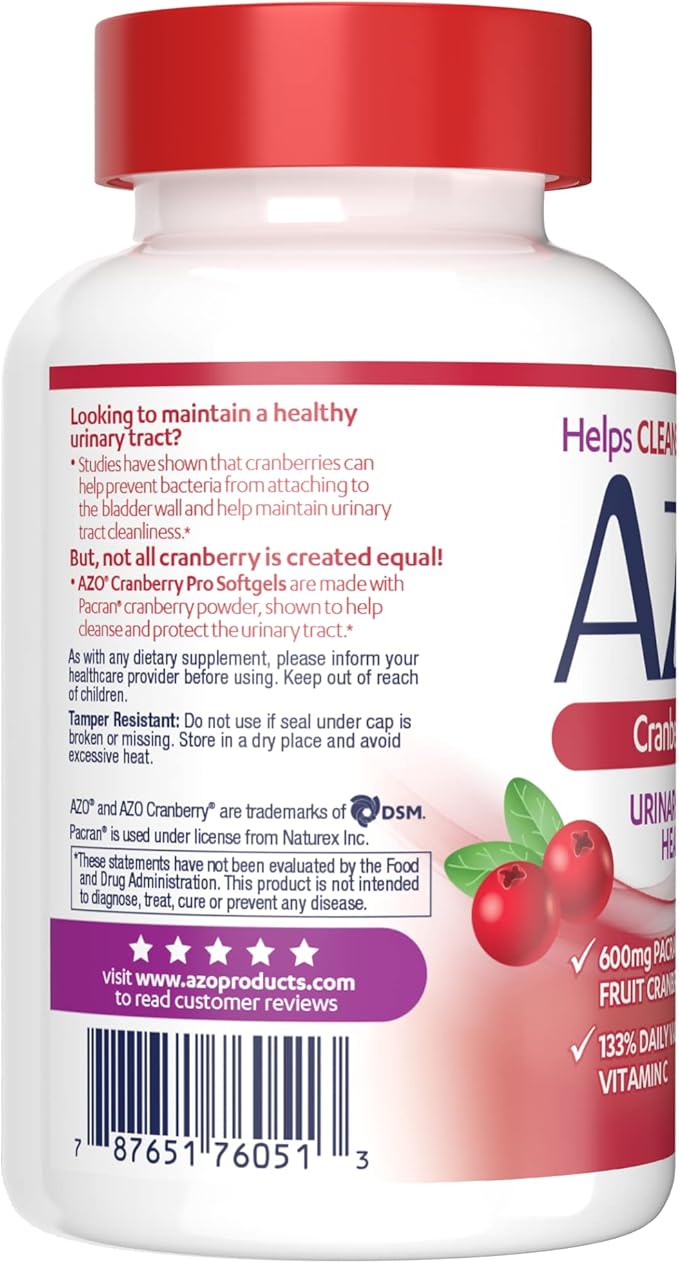 AZO Cranberry Pro, Cranberry Pills for Women & Men, 600mg Pacran, Made with Concentrated Whole Fruit Cranberry Powder to Help Cleanse and Protect The Urinary Tract*, Sugar Free, Non-GMO, 100 Softgels